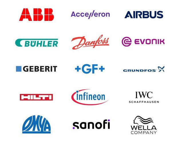 ABB, Accelleron, Airbus, Buhler, Danfoss, Evonik, Generit, GF, Grundfos, Hilti, Infineon, IWC Schaffhausen, Omya, Sanofi, Wella Company class=
